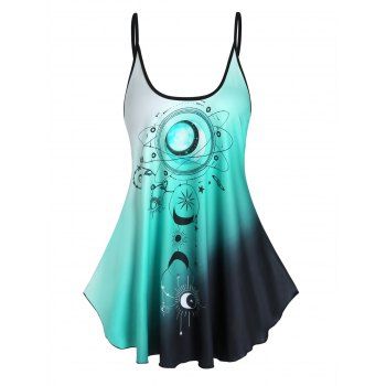 

Sun Moon Print Ombre Color Asymmetrical Hem Skirted Tent Cami Top, Green