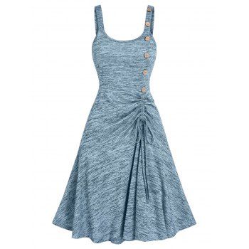 

Space Dye Print Midi Dress Mock Button Cinched Ruched Tie Up Flare A Line Dress, Light blue