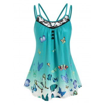 

Plus Size Tank Top Butterfly Print Tank Top Lace Panel Mock Button Summer Casual Top, Deep green