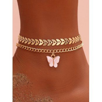 

2Pcs Butterfly Leaf Pattern Alloy Adjustable Layered Chain Anklets Set, Golden