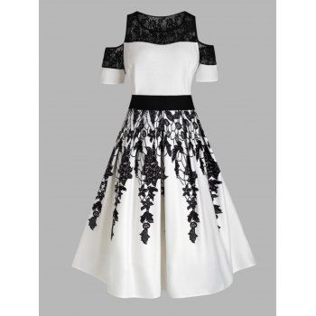 

Plus Size Midi Dress Leaf Flower Print Lace Panel Cold Shoulder High Waisted A Line Dress, White