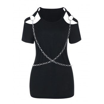 

Casual T Shirt Solid Color Cut Out Chain Embellishment Short Sleeve Round Neck Trendy Summer Tee, Black