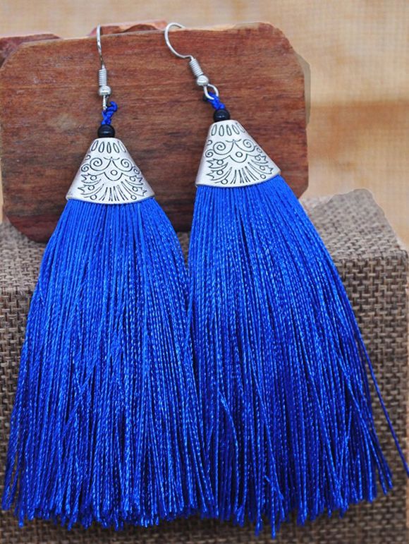 Boucles D'Oreilles Pendantes Motif Pompons Style Bohémien Ethnique - Bleu 