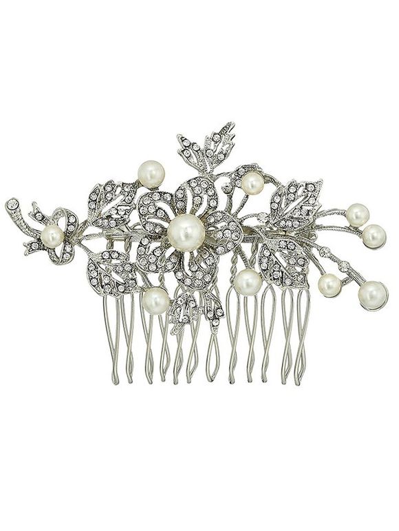 Bride Hair Comb Hollow Out Flower Leaf Faux Pearl Hair Comb Trendy Elegant Hair Accessories - SILVER 