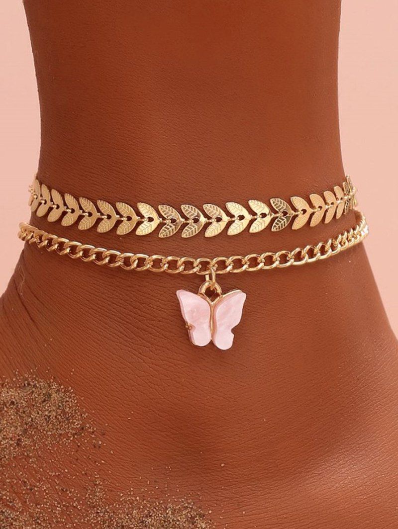 2Pcs Butterfly Leaf Pattern Alloy Adjustable Layered Chain Anklets Set - GOLDEN 