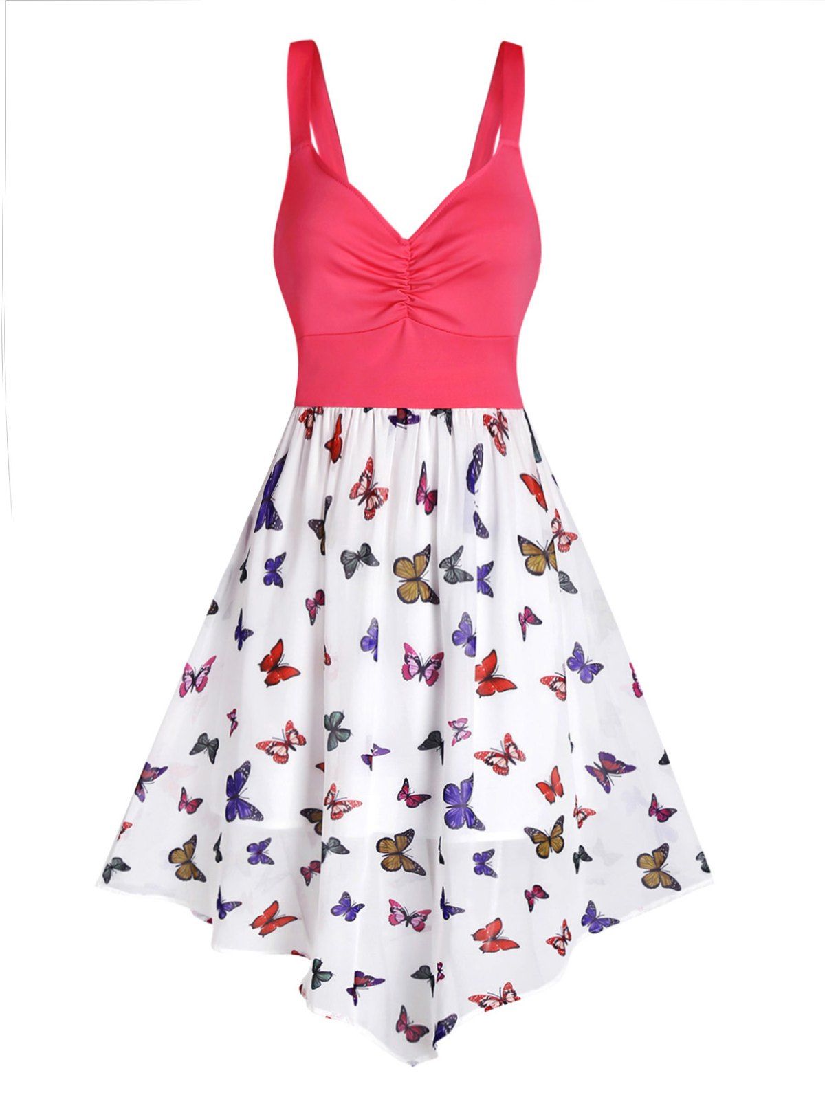 Casual Midi Dress Butterfly Flower Print Empire Waist Ruched Mesh Overlay Summer Vacation Dress - LIGHT PINK 2XL
