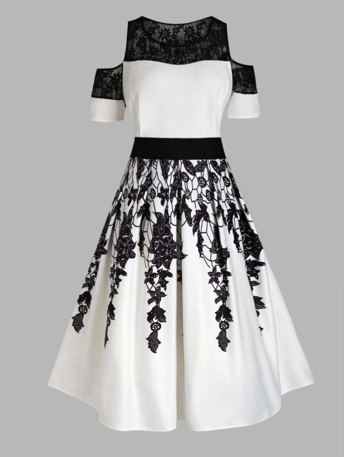 Plus Size Midi Dress Leaf Flower Print Lace Panel Cold Shoulder High Waisted A Line Dress - WHITE L