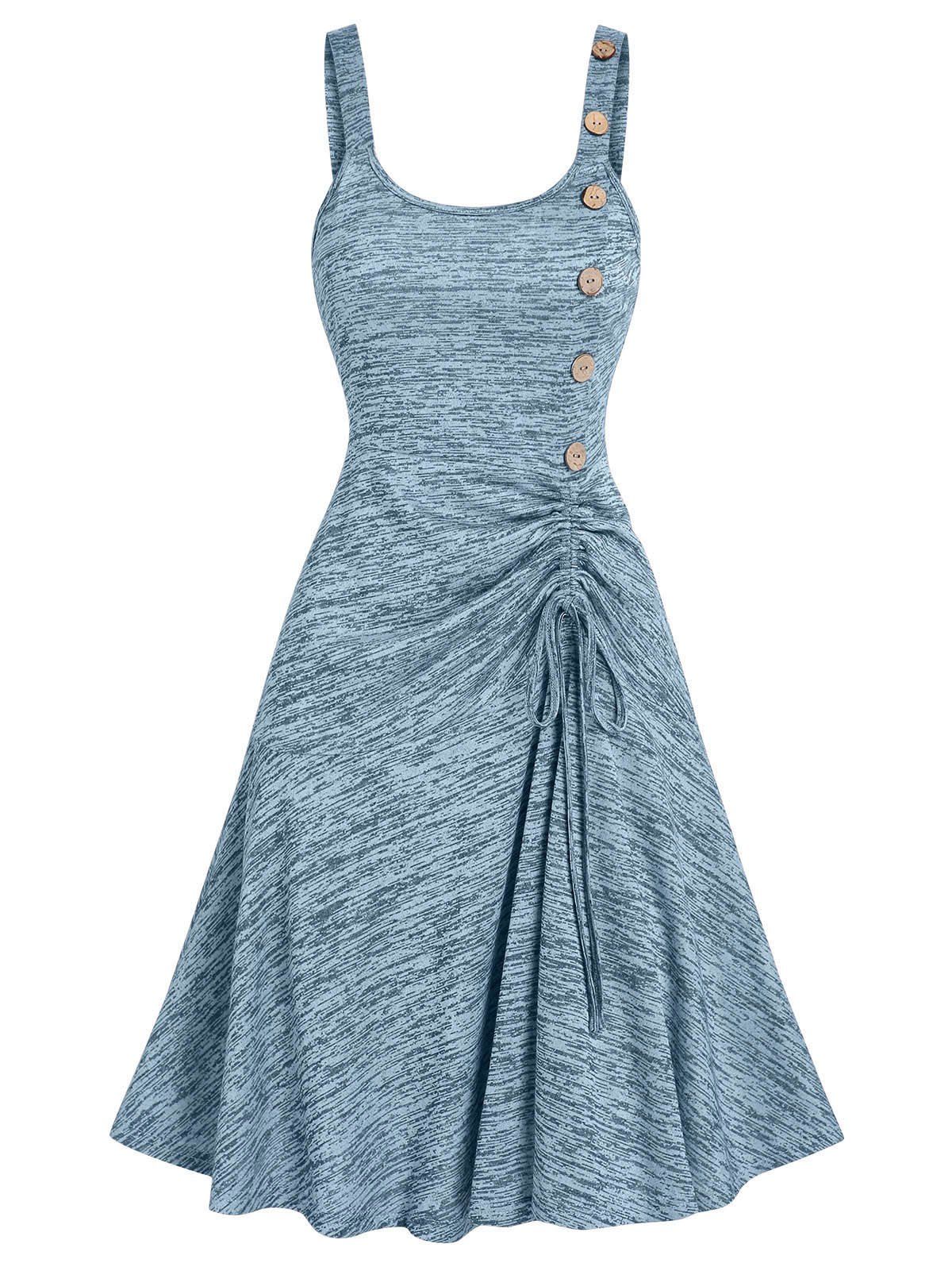 Space Dye Mock Button Cinched Ruched Tie Up Flare A Line Dress - LIGHT BLUE L