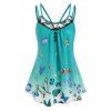 Plus Size Tank Top Butterfly Print Tank Top Lace Panel Mock Button Summer Casual Top - DEEP GREEN 2X