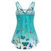 Plus Size Tank Top Butterfly Print Tank Top Lace Panel Mock Button Summer Casual Top - DEEP GREEN 2X