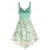 Casual Midi Dress Butterfly Flower Print Empire Waist Ruched Mesh Overlay Summer Vacation Dress - LIGHT GREEN S