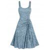 Space Dye Mock Button Cinched Ruched Tie Up Flare A Line Dress - LIGHT BLUE XXL