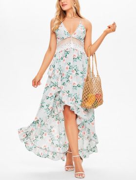 Vacation Chiffon Layered Maxi Dress Rose Print Lace Panel Hollow Out Plunging Neck High Waist A Line Summer Halter Dress