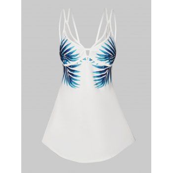 

Summer Casual Tank Top Mesh Leaf Print Cut Out Curved Hem Spaghetti Strap Top, White