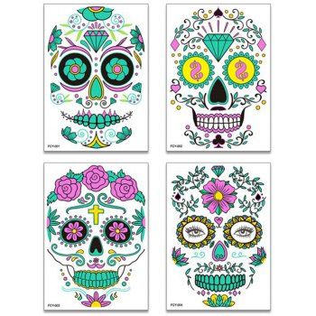 

4 Pcs Temporary Tattoo Stickers Skull Floral Print Gothic Trendy Luminous Stickers, Multicolor