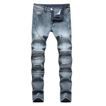 

Distressed Ripped Jeans Pleated Patchwork Faded Wash Long Straight Casual Denim Pants, Blue