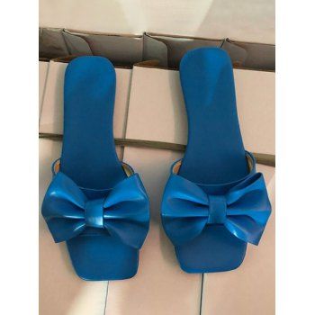 

Solid Color Sandals Bowknot Square Toe Flat Slide Slip On Summer Outdoor Slippers, Deep blue