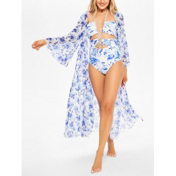 

Chiffon Beach Kimono Cover Up Allover Flower Print Sheer Open Front Half Sleeve Cover-up, Blue