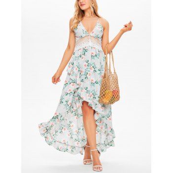 

Vacation Chiffon Layered Maxi Dress Rose Print Lace Panel Hollow Out Plunging Neck High Waist A Line Summer Halter Dress, Light green