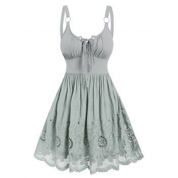 

Hollow Out Flower Embroidery Mini Dress O Ring Straps Lace-up A Line Dress Sleeveless Summer Dress, Gray