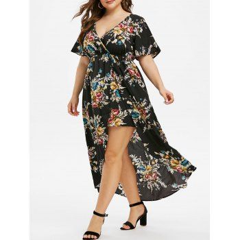 

Plus Size Dress Floral Dress Flowy High Waisted Surplice High Low Maxi Dress, Black