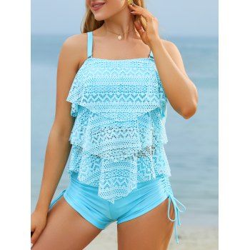 

Modest Swimsuit Hollow Out Lace Layered Tankini Swimwear Two Piece Set Tummy Control Cinched Tie Bathing Suit, Light blue