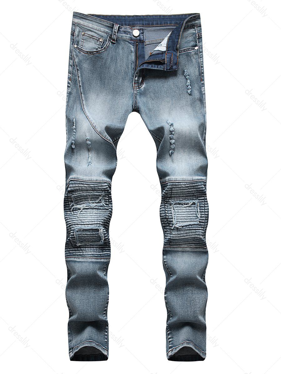 Distressed Ripped Jeans Pleated Patchwork Faded Wash Long Straight Casual Denim Pants - BLUE 36