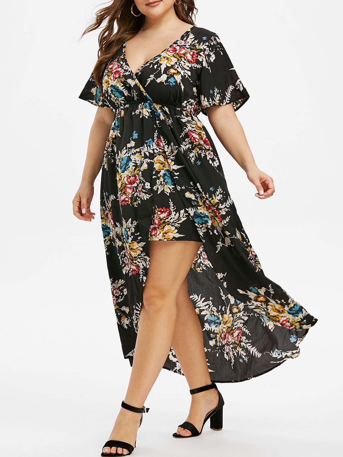 Plus Size Floral High Low Flowy Surplice Maxi Dress - BLACK L