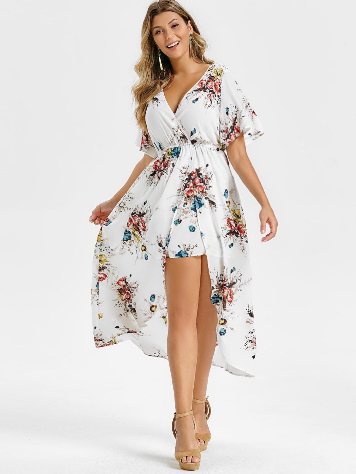 Vacation Dress Floral Dress Flowy Surplice High Waisted Plunging Neck High Low Midi Summer Casual Dress - WHITE XXL