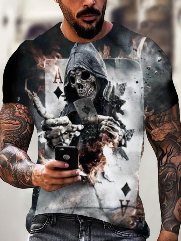 T-shirt Décontracté Gothique à Imprimé Carte Crâne en Feu à Manches Courtes à Col Rond - multicolor 3XL