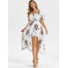 Vacation Dress Floral Dress Flowy Surplice High Waisted Plunging Neck High Low Midi Summer Casual Dress - WHITE L