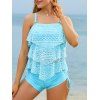 Modest Swimsuit Hollow Out Lace Layered Tankini Swimwear Two Piece Set Tummy Control Cinched Tie Bathing Suit
