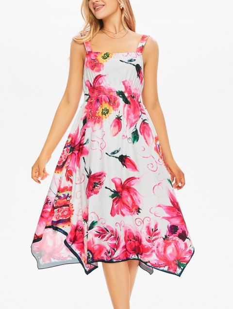 Vacation Flower A Line Midi Sundress Watercolor Print Asymmetric High Waist Dress