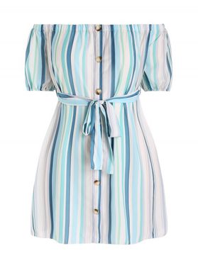 Plus Size Dress Off the Shoulder Colored Striped Print Dress Mock Button Belted A Line Mini Summer Casual Dress