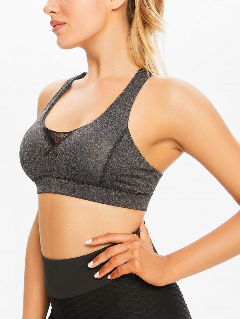 Heather Sports Bra Crisscross Chest Pad Honeycomb Hollow Out Letter Straps Sports Bra
