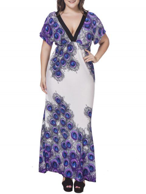 Plus Size & Curve Dress Printed Dress Tied Back Plunging Neck A Line Maxi Vacation Summer Casual Dress