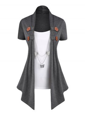 Contrast Draped 2 In 1 T Shirt Short Sleeve Mock Button Tee With Butterfly Chain