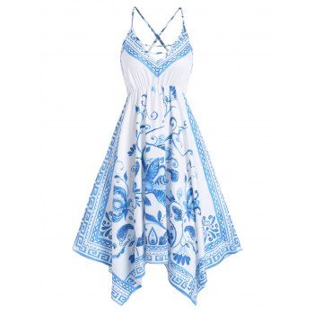 

Bohemian Sundress Floral Print Ladder Cut Out Crisscross High Waist Sleeveless A Line Mini Ethnic Dress, Blue