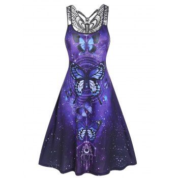 

Casual Dress Galaxy Butterfly Print Hollow Out Lace Panel Dual Strap Sleeveless High Waist A Line Mini Summer Dress, Black