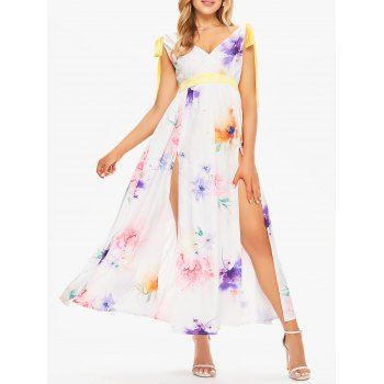 

Vacation Maxi Dress Floral Print High Waist Surplice Bowknot A Line Slit Summer Dress, White