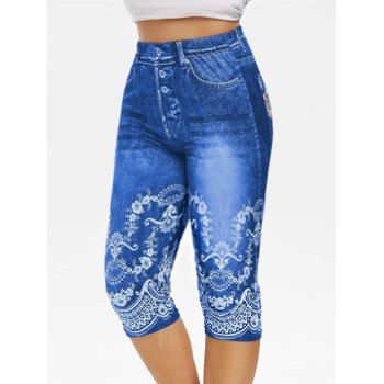 

Floral Jeggings Faux Denim Print Elastic Waist Summer Casual Sporty Capri Leggings, Blue