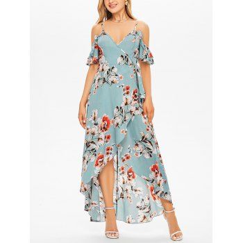 

Vacation Chiffon Layered Dress Wrap Rose Flower Print Cold Shoulder Self Belted A Line Maxi Dress, Light blue