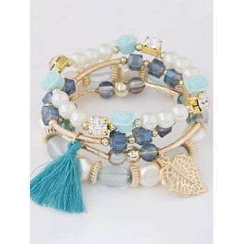 Fashion Women 4Pcs Tassel Leaf Rhinestone Faux Pearl Layered Beading Charm Bracelets Set Jewelry Online Light blue