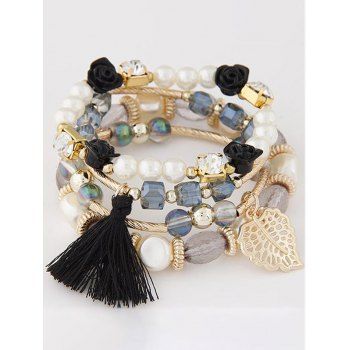 Fashion Women 4Pcs Tassel Leaf Rhinestone Faux Pearl Layered Beading Charm Bracelets Set Jewelry Online Black