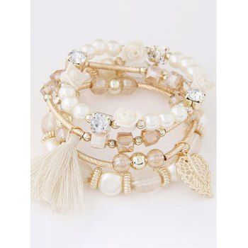 Fashion Women 4Pcs Tassel Leaf Rhinestone Faux Pearl Layered Beading Charm Bracelets Set Jewelry Online White