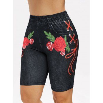 

Summer Jeggings Rose 3D Print Elastic Waist Short Skinny Casual Leggings, Black