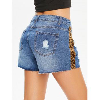 

Short Jeans Leopard Print Insert Ripped Pockets Zipper Fly Skinny Summer Denim Shorts, Blue