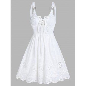 

Hollow Out Flower Embroidery Mini Dress O Ring Straps Lace-up A Line Dress Sleeveless Summer Dress, White