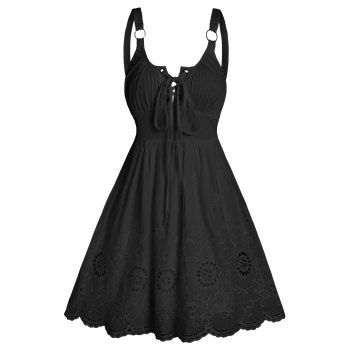 

Hollow Out Flower Embroidery Mini Dress O Ring Straps Lace-up A Line Dress Sleeveless Summer Dress, Black