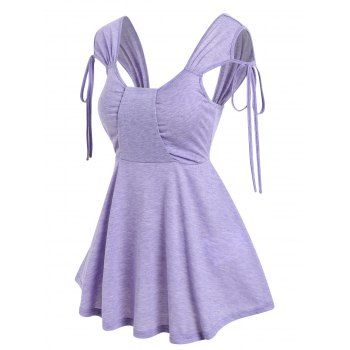 

Space Dye Print T-shirt Cold Shoulder Drawstring Cap Sleeve Casual Tee, Light purple